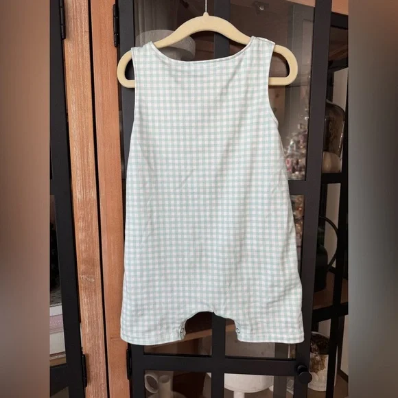 Hot air balloons appliqué shortall romper toddler boy jon jon gingham mint - Picture 3 of 7